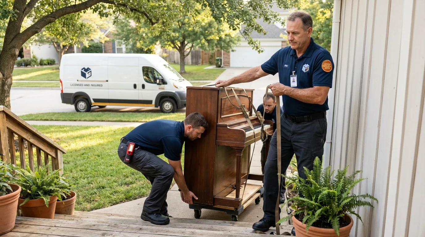 Licensed piano movers securing grand piano in Grantsville, UT
