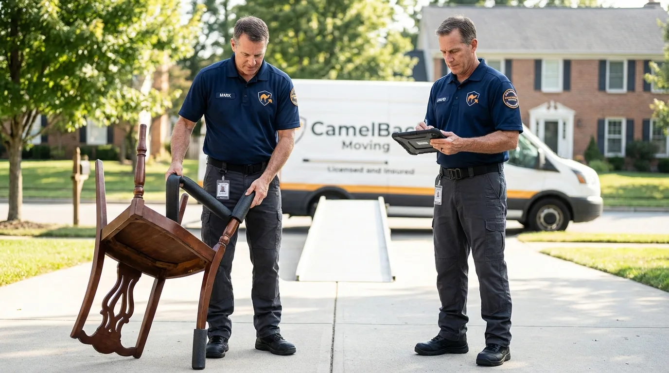 Movers inspecting furniture for damage prevention before loading in Grantsville, UT