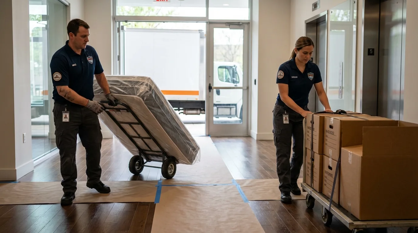 Professional apartment movers loading elevator in Grantsville, UT